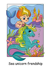 Cute mermaid and unicorn swim under the water vector