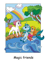 Unicorn met a mermaid on a seahorse vector