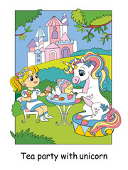 Cute princess and unicorn drink tea with sweets vector