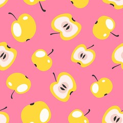 Seamless vector pattern with bright yellow apples and slices on a pink background. 