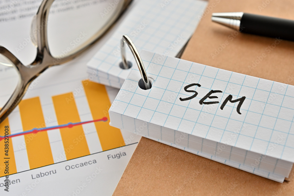 Poster there is a word book with the word of sem which is an abbreviation for search engine marketing on th