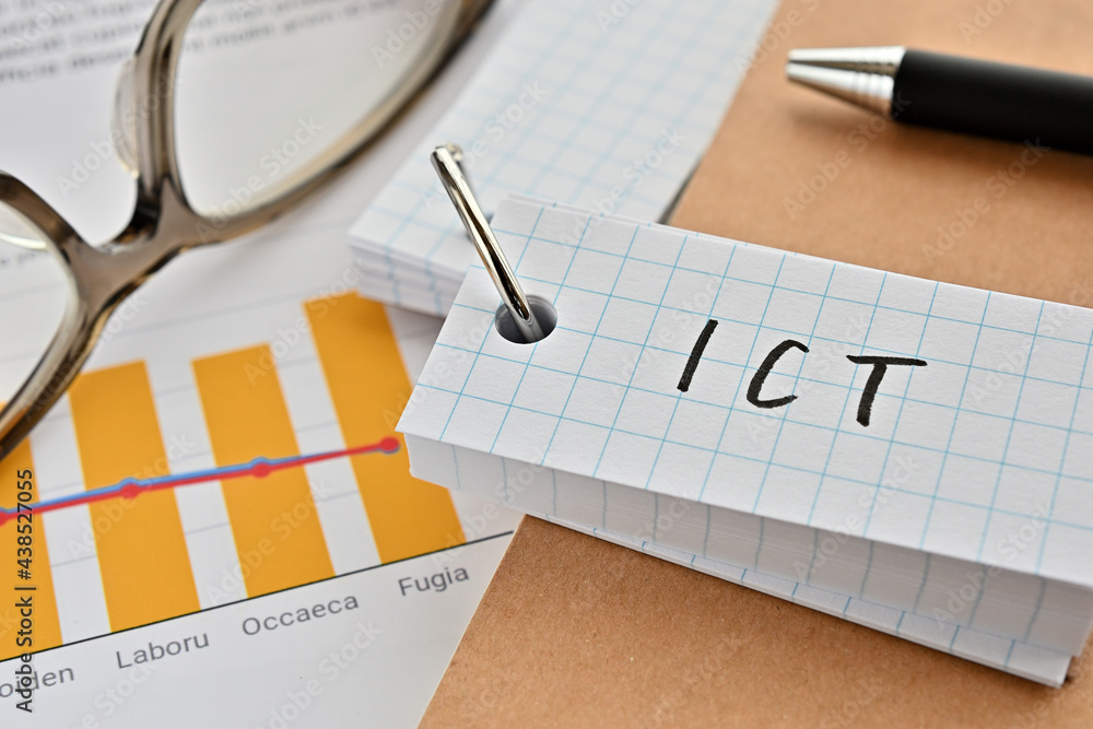 Aufkleber there is a word book with the word of ict which is an abbreviation for information and communication