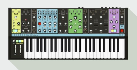 Legendary semi-modular analog synthesizer. Music creation interface. Electronic piano with 49 keys. A machine with chorus, delay, reverb and analog bass systems. Beautiful technique for DJ posters. - obrazy, fototapety, plakaty