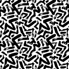 Seamless messy zig zag vector pattern. Abstract monochrome geometric brush strokes. Black and white hand painted ink illustration. Doodle zigzag lines print. Simple geometric ornament