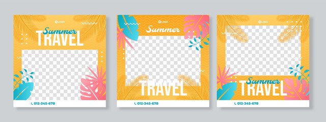 Set of three summer travel social media pack template premium vector