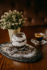 Delicious cake with coffee, wine