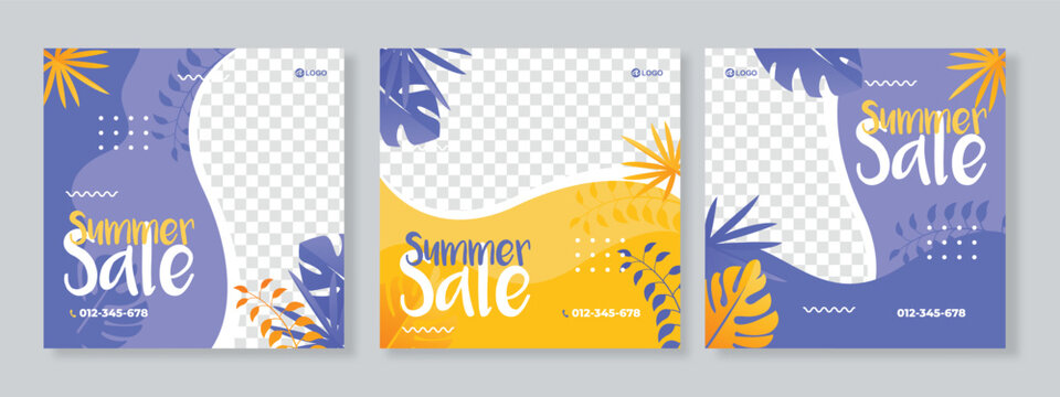 Set of three summer sale social media pack template premium vector