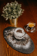 Delicious cake with coffee, wine