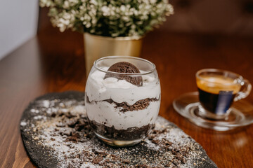 Delicious cake with coffee, wine