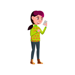 happy girl reading message on smartphone cartoon vector. happy girl reading message on smartphone character. isolated flat cartoon illustration