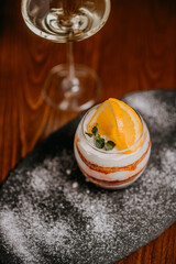 Delicious cake with coffee, wine