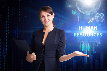 Business, Technology, Internet and network concept. Young businessman working on a virtual screen of the future and sees the inscription: Human resources