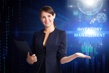 Business, Technology, Internet and network concept. Young businessman working on a virtual screen of the future and sees the inscription: Inventory management