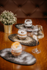 Delicious cake with coffee, wine