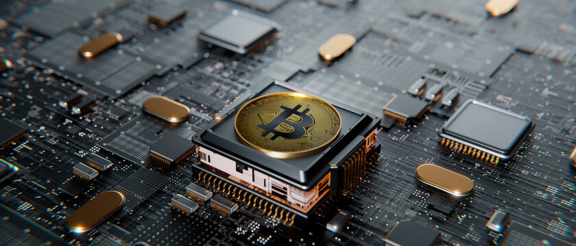 Bitcoin over a microprocessor in a motherboard.  With copy space and selective focusing. 3d render banner illustration. 