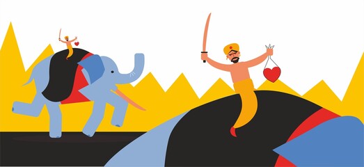Elephant running with rider vector illustration. Brave warrior and animal. Sword and heart in man hands. Cartoon asian characters. Travel and journey concept. Man in traditional clothes.
