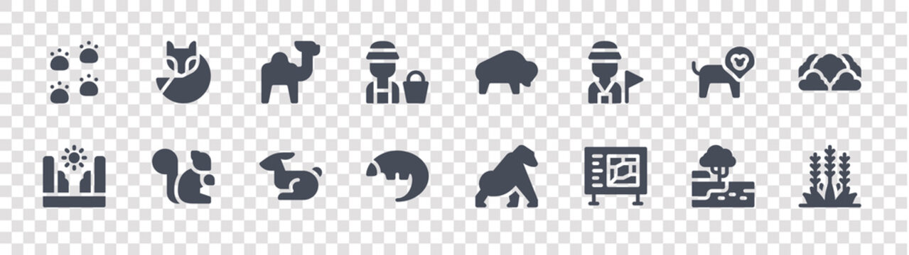 Animal And Nature Glyph Icons On Transparent Background. Quality Vector Set Such As Grass, Campus, Pangolin, Canyon, Lion, Camel, Bison, Fox