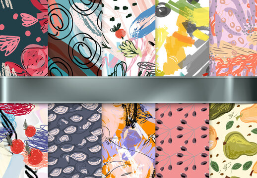 Seamless Pattern Collection with Hand Drawn Rough Abstract Strokes and Floral Elements