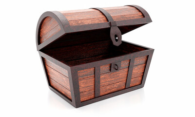 Old and broken vintage pirate treasure chest. Rotten and broken. For storing valuables Made of cracked wood And rusted metal texture Isolated on white background and wallpaper.3D Rendering.