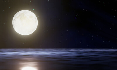 Naklejka na ściany i meble The blue full moon is reflected in the sea. A wave of water from the ocean to island. The sky has many stars. Ripples on the sea at night. 3D Rendering