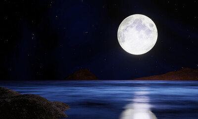 Fototapeta na wymiar The blue full moon is reflected in the sea. A wave of water from the ocean to island. The sky has many stars. Ripples on the sea at night. 3D Rendering