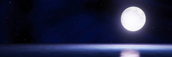 The blue full moon is reflected in the sea. A wave of water from the ocean to island. The sky has...
