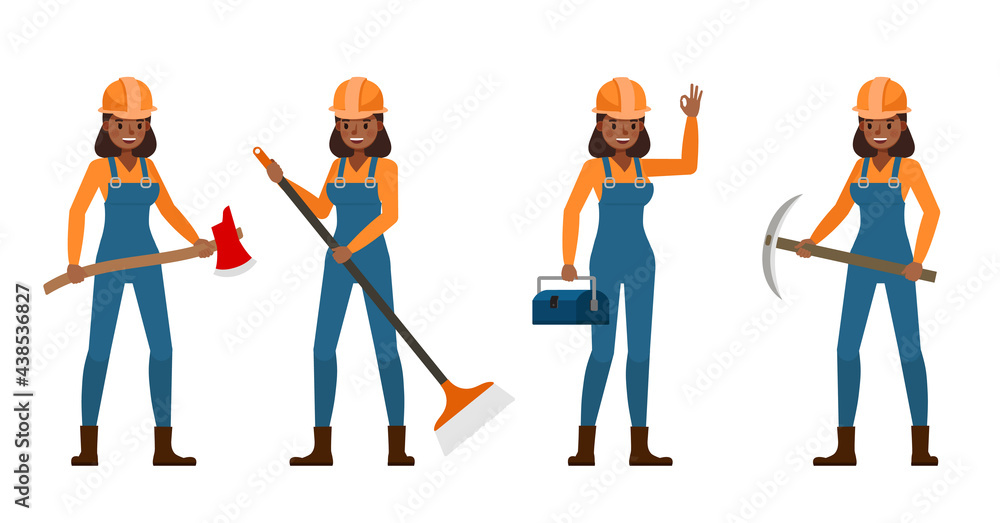 Poster set of builder woman working character vector design. presentation in various action with emotions.