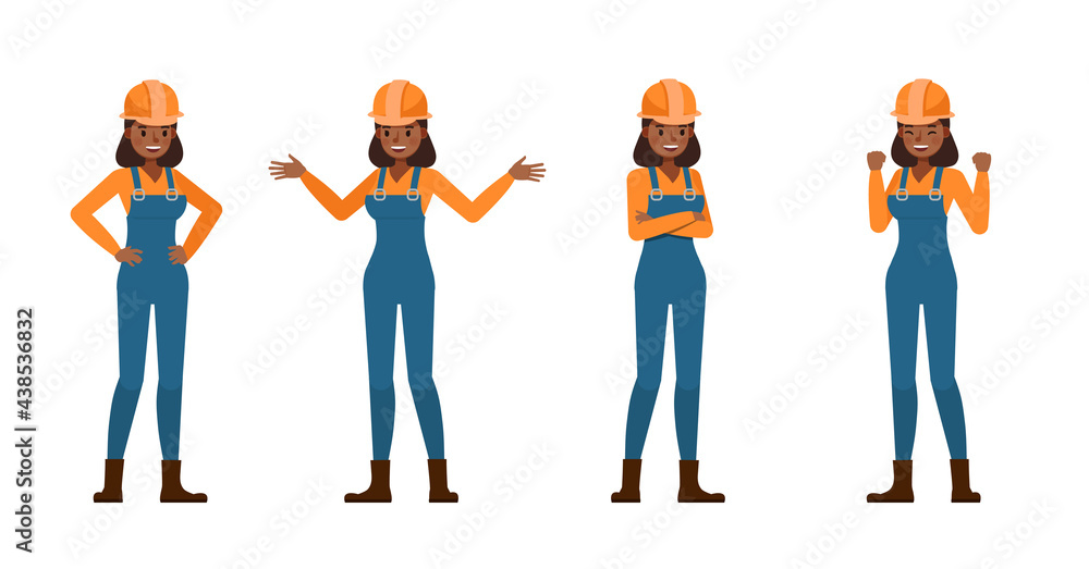 Poster set of builder woman working character vector design. presentation in various action with emotions.