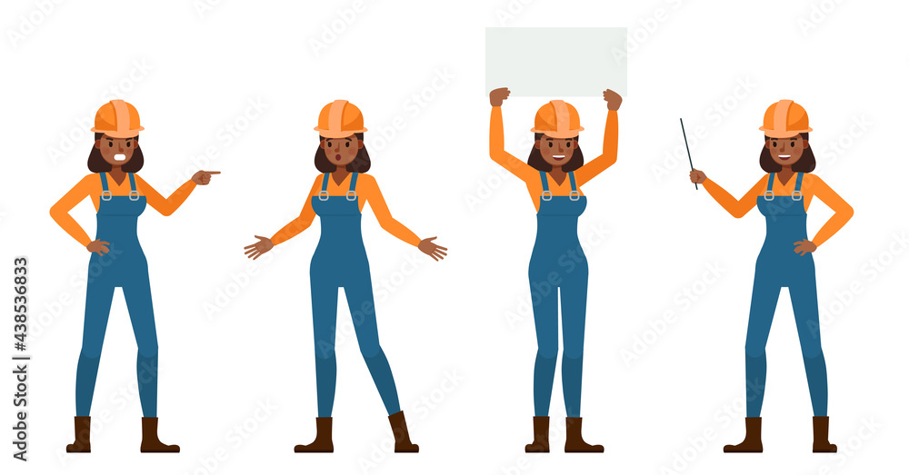 Poster set of builder woman working character vector design. presentation in various action with emotions.