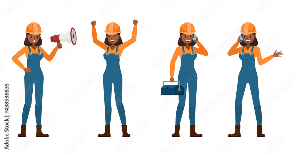 Poster set of builder woman working character vector design. presentation in various action with emotions.