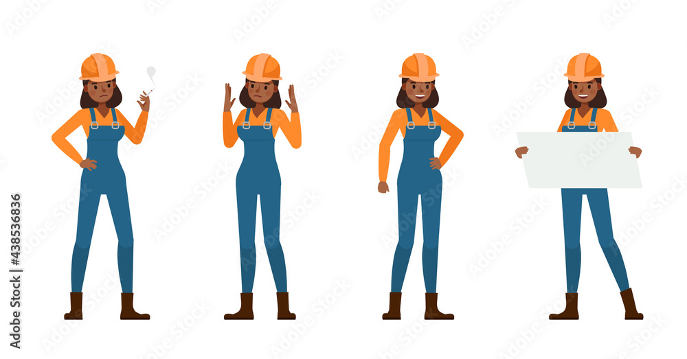 Poster set of builder woman working character vector design. presentation in various action with emotions.