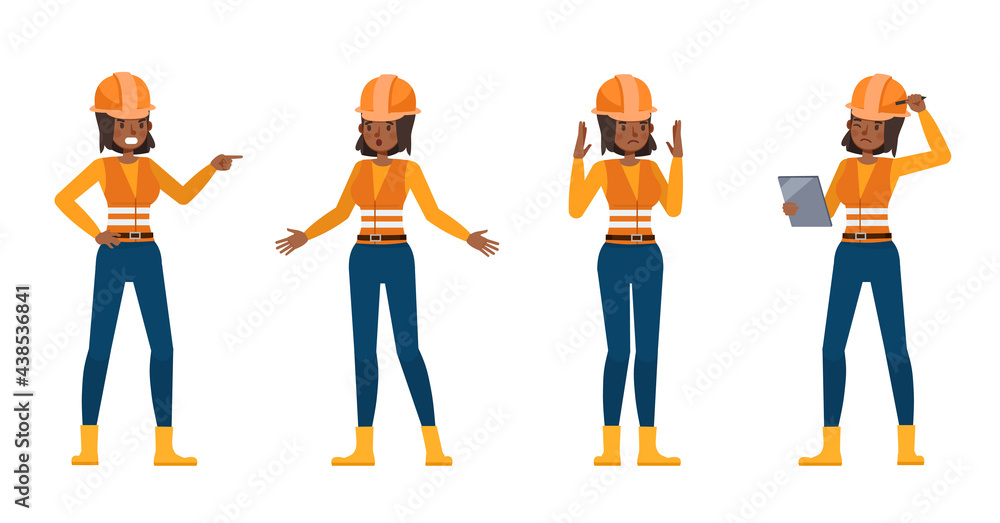 Poster set of builder woman working character vector design. presentation in various action with emotions.