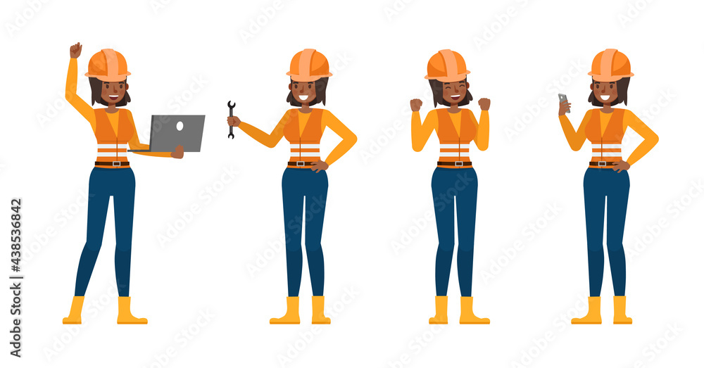Poster set of builder woman working character vector design. presentation in various action with emotions.