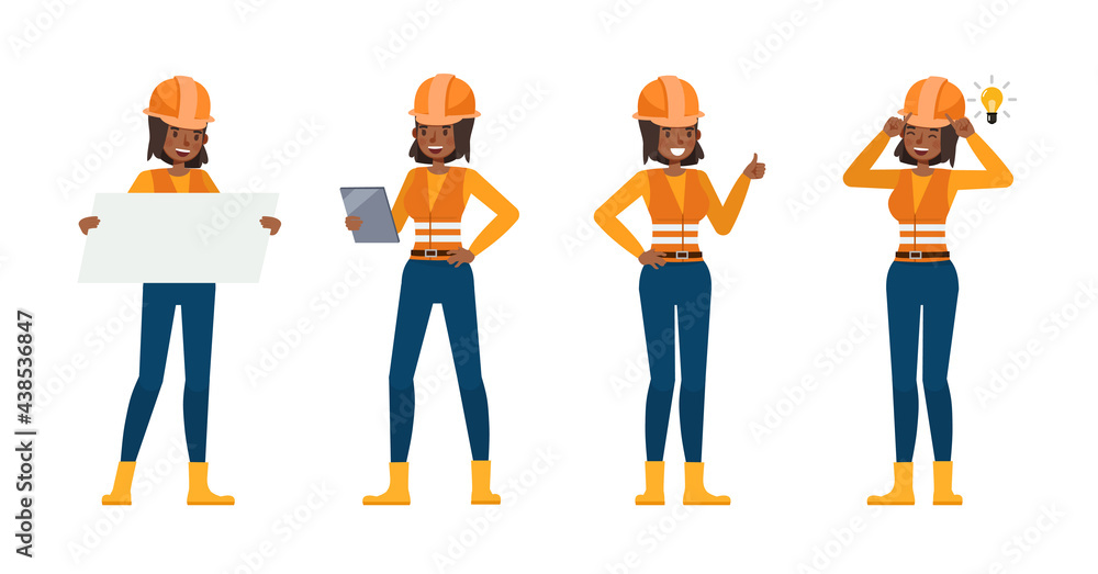 Poster set of builder woman working character vector design. presentation in various action with emotions.