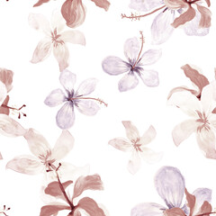 White Tropical Hibiscus. Gray Seamless Design. Azure Pattern Botanical. Blue Flower Textile. Brown Spring Exotic. Flora Vintage. Decoration Texture. Flora Textile.