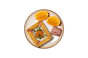 Modern breakfast, toasted bread, eggs, bacon, orange on isolated white background. Good healthy food. Top view.