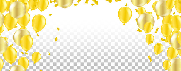 Golden effect balloons and gold confetti falling on the background. Greeting card