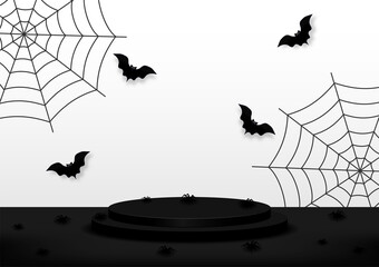 Halloween scene background. Black stage podium decoration with bats flying, spider, spider web. Pedestal scene with for product, advertising, show. White and black. Vector illustration.