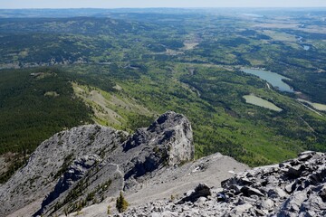 View near the summit of Mount Yamnuska at the front range of the Canadian Rockies near Calgary Canada