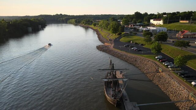 Flying over the Pinta replica, docked in Clarksville, on the Cumberland River