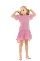 The little girl spread her arms to the sides, children's emotions.