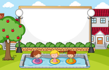 Park scene with blank banner and many kids doodle cartoon character