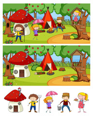 Set of different horizontal camping scenes with doodle kids cartoon character