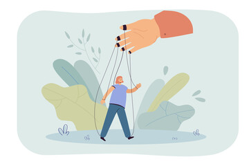 Hand holding girl on strings flat vector illustration. Woman acting against her will. Manipulation, puppet, stooge concept for banner, website design or landing web page