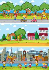 Set of different horizon scenes background with doodle kids cartoon character