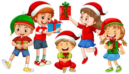 Different children wearing costume in Christmas theme and holding with thier gift box isolated on white background
