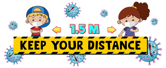 Keep your distance font design with two kids keeping social distance isolated on white background