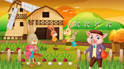 Farm at sunset time scene with rabbit family and a pig cartoon character