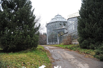 Obraz premium Coniferous plants are planted near the glass building of the greenhouse in the botanical garden