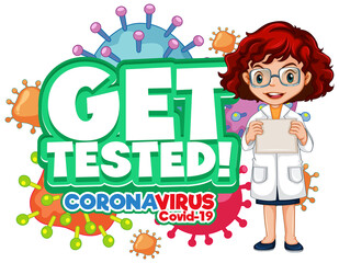 Get Tested font in cartoon style with a female doctor cartoon character isolated